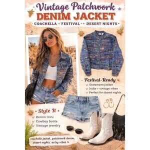 Vintage Patchwork Denim Jacket Coachella Festival Artsy Statement Jacket